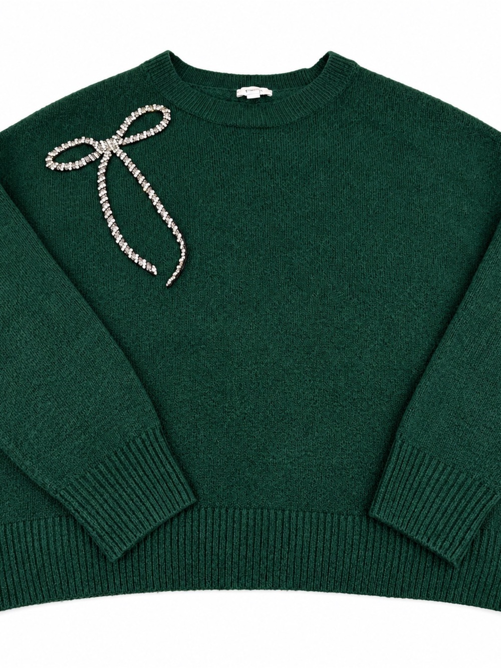 CeCe Forest Green Crewneck Sweater with Rhinestone Bow Accent